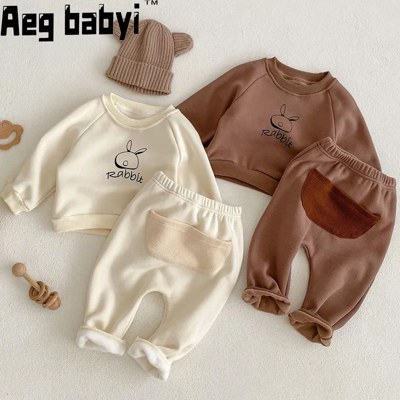 

Детский комплект, осенне-зимний пуловер с принтом кролика для младенцев, свитшот, детская одежда, топы + свободные мягкие удобные штаны, спортивный костюм