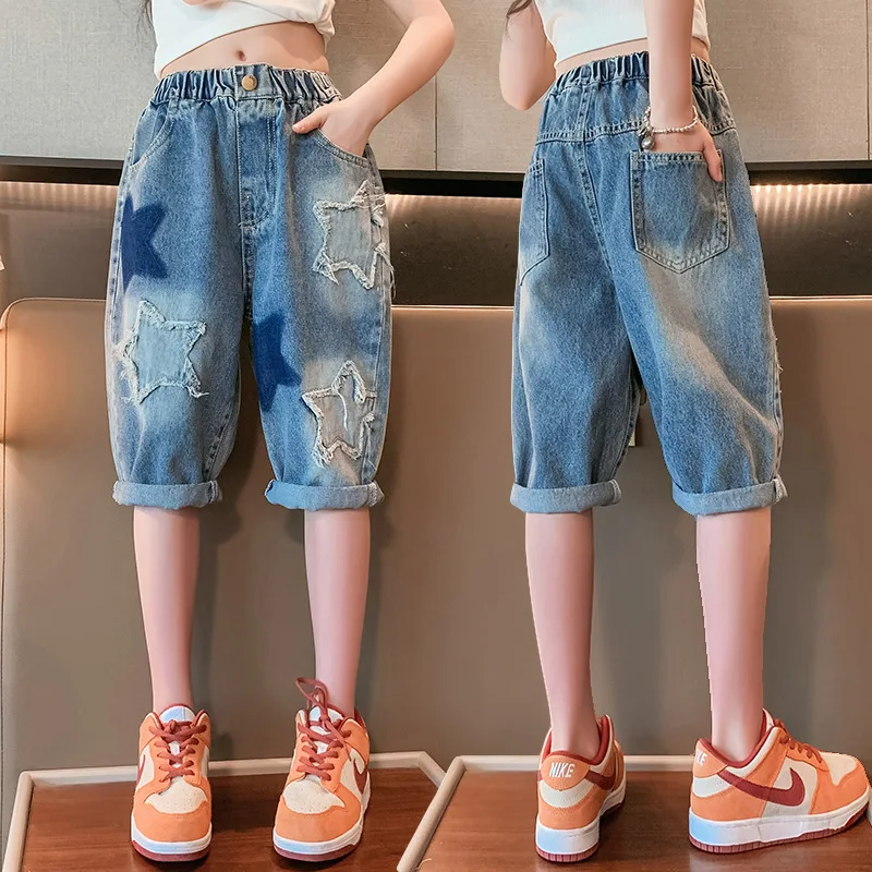 

Teenager Kids Shorts with Star New Arrivals Summer Elastic Waist Cotton School Girls Denim Knee-length Pants 4 6 8 10 12 14 Year