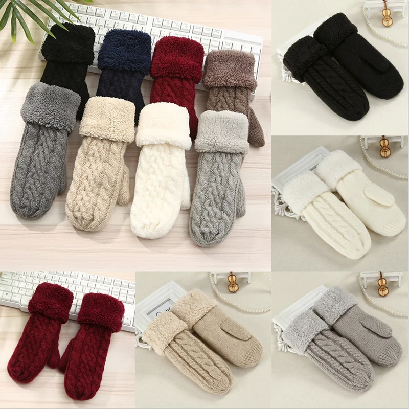 Women Fashion Knitted Twist Floral Mittens Winter Female Wool Plus Cashmere Velvet Thickening Warm Full Finger Gloves Guantes