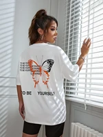 tops butterfly and slogan graphic drop shoulder tee