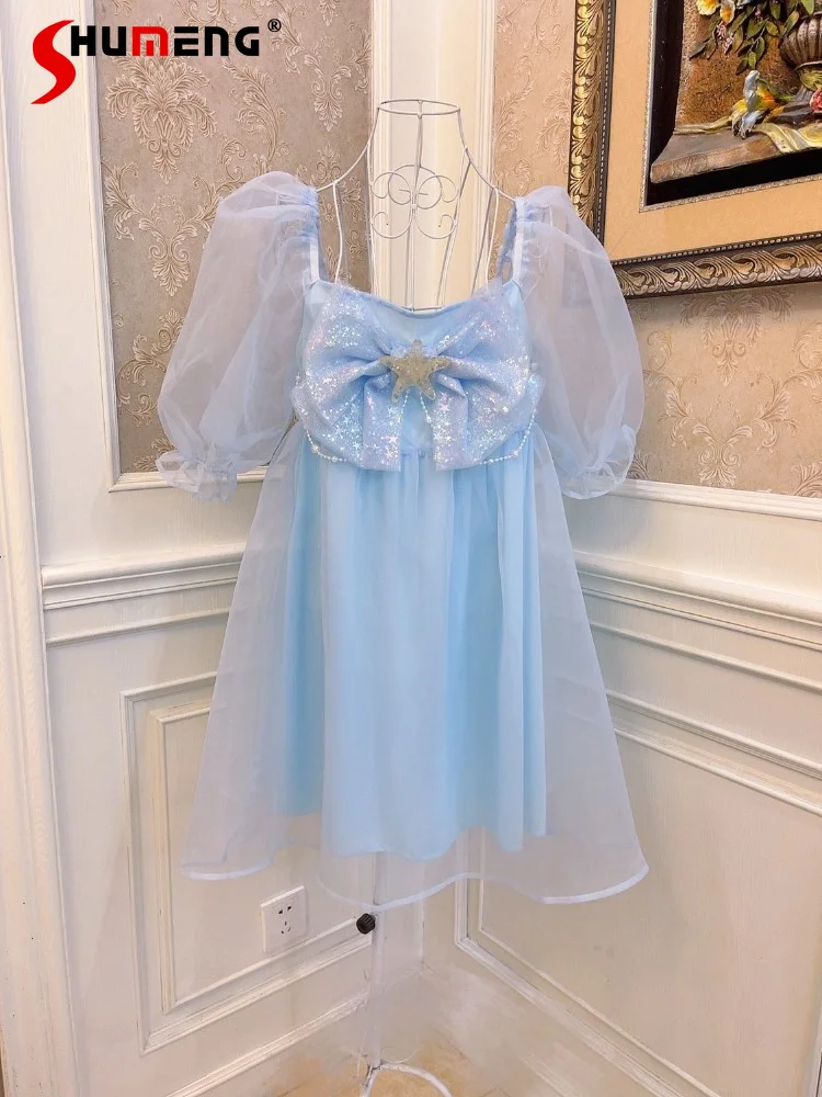 

Princess Sweet Bowknot Short Dress for Women Summer Loose Sparkling Starfish Crystal Chain Puff Sleeve Organza High Waist Dress