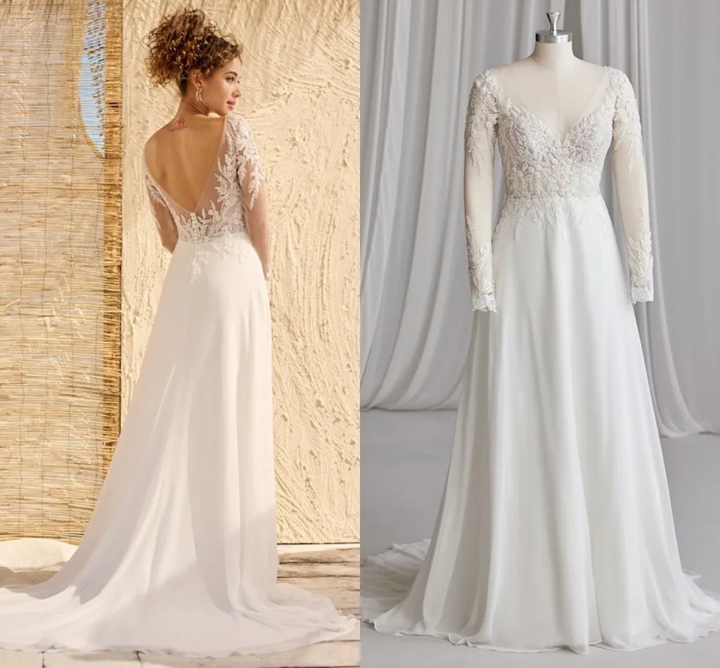 

Open Back Chiffon Wedding Gown with Illusion Lace and Beaded Long Sleeves Beach Holiday Bridal Dresses abito da sposa