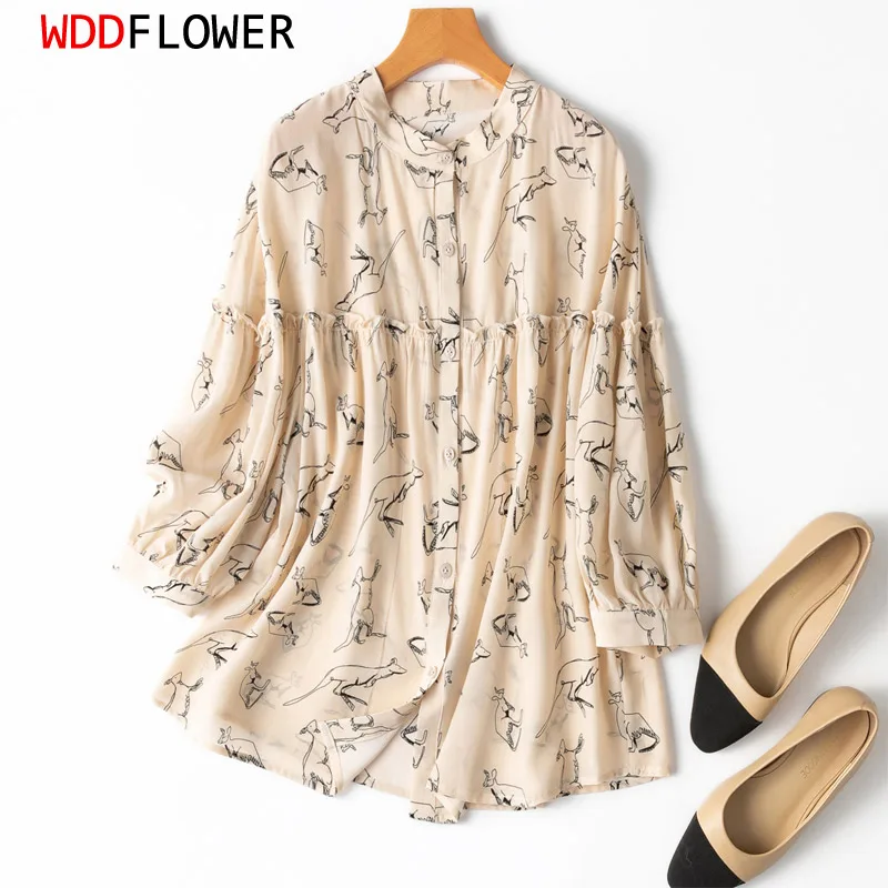 Women 100% Mulberry Silk Crepe Silk Loose Type Beige Kangaroo Printed Round Neck Buttons down Shirt Top Blouse Plus Size MM528