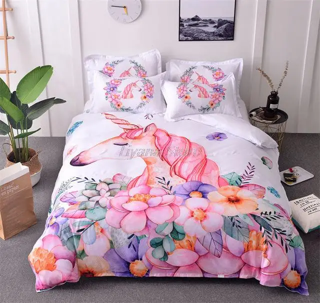 

New Unicorn Duvet Cover Set For Kids Boys Girls Cute Bedspreads Pink Comforter Bedding Set Cartoon Bed Set