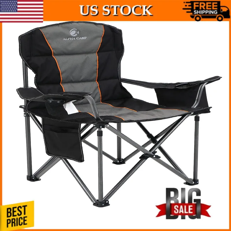 

Black Chair, Heavy Duty Support 450 LBS Steel Frame Collapsible Padded Arm Chair Cup Holder Outdoor