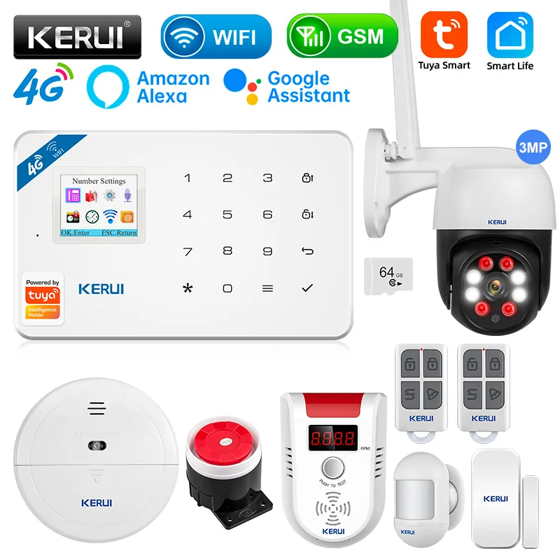 

KERUI W184 1.7 inches GSM 4G WIFI Tuya APP Smart Home Security alarms for home TFT Color Display Screen Anti Theft Alarm Package