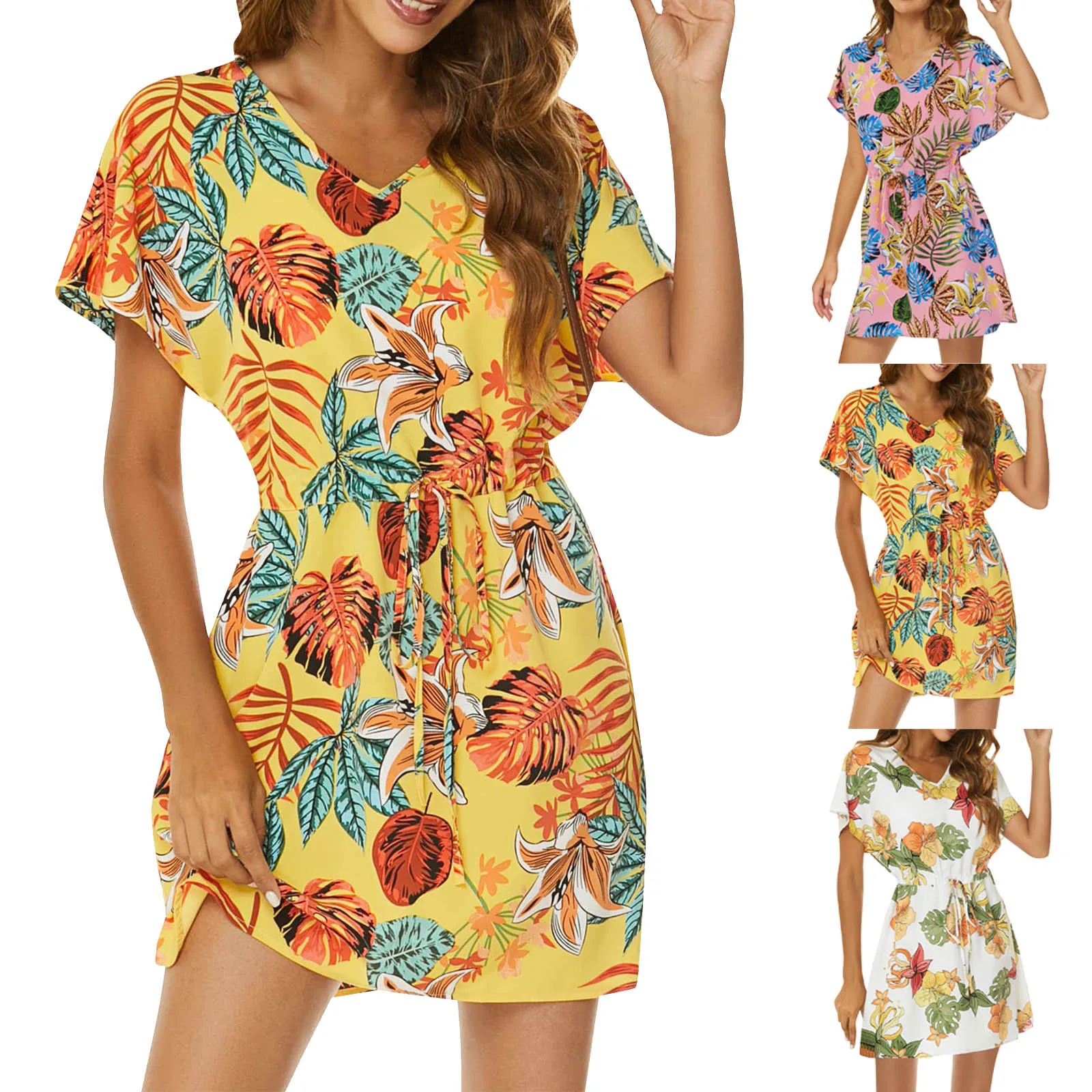 

Women Casual Sexy Swim Cover Up V Neck Summer Beachwear Coverups Flowy Short Sleeve Mini Beach Dress Black Casual Swing Dress