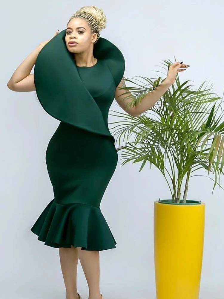 Robe de soirée Midi vert foncé pour femme  tenue de Cocktail  col rond  sans manches  à volants