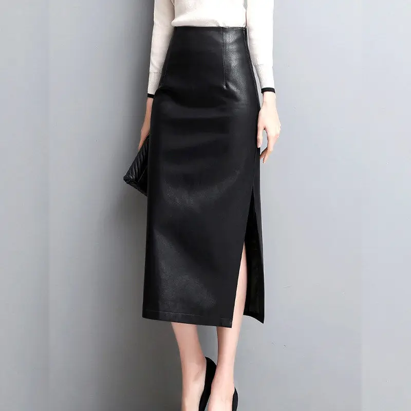 

Autumn Winter Women's Leather Skirt with Side Slit Vintage Skirt Midi Long High Waist Pu Real Leather Straight Skirt 6XL X112
