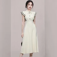 womens summer new korean version high end temperament polo neck ruffle sleeve splicing waist closing fashion large swing dress