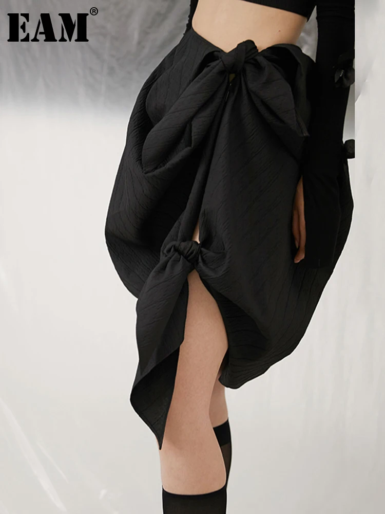 [EAM] High Waist Black Irregular Knot Three-dimensional Half-body Skirt Women Fashion Tide New Spring Autumn 2023 1DE1917