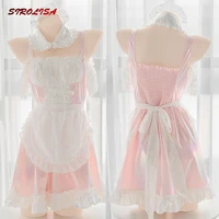 kawaii cute pink sexy lingerie backless laser women maid dress sweet off shoulder mesh lace shiny sling outfit cosplay costumes