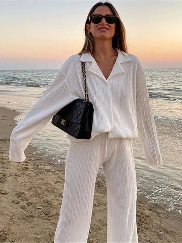 Женская рубашка со складками блузка с длинным рукавом брюки высокой талией и