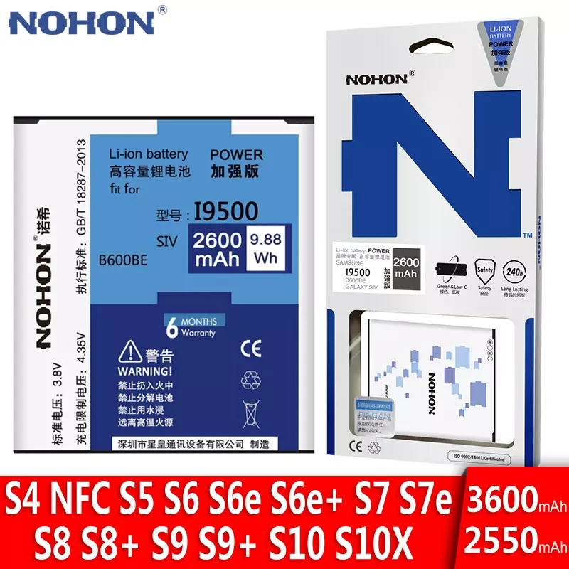 

NEW2023 NOHON Battery For Samsung GALAXY S4 NFC S5 S6 S7 Edge S8 S9 Plus S10 i9500 G900F G920F G930F G950F Original Replacement