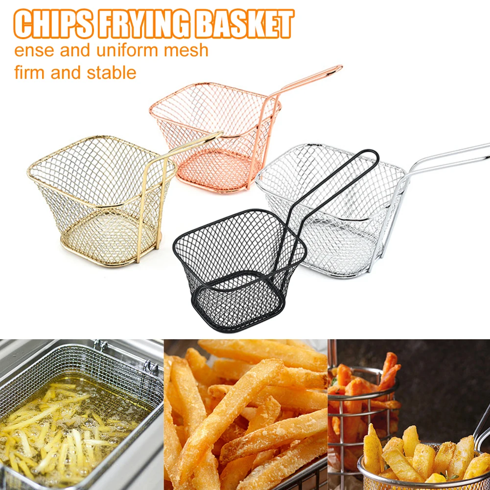 

Mini Square Fry Basket, Metal French Fries Chips Holder with Handle Desk Food Presentation Mesh Basket Kitchen Accessories Tools