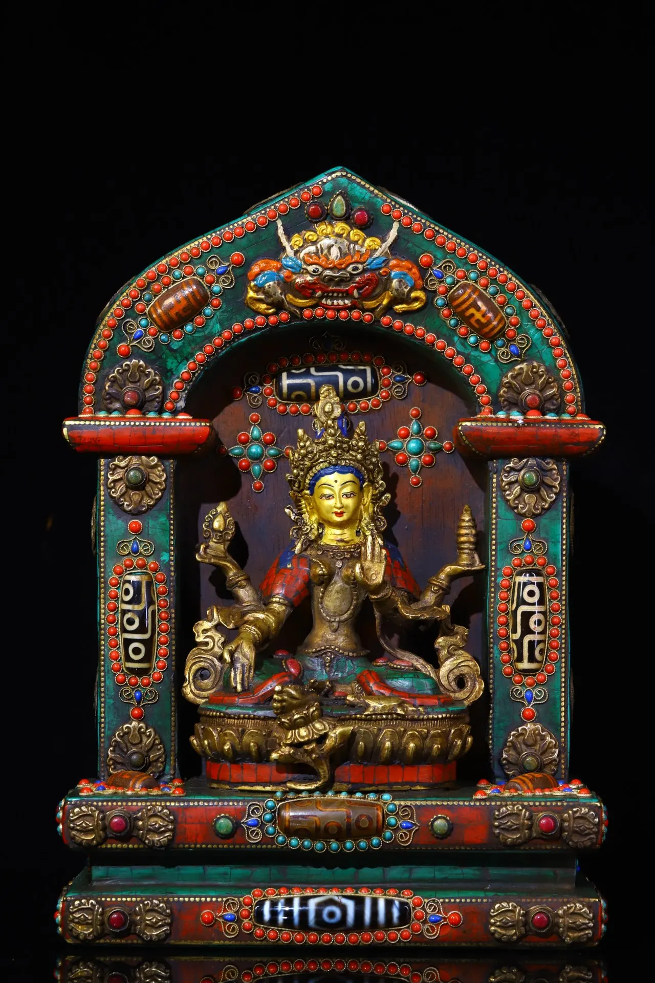 

12" Tibetan Temple Collection Old Bronze Gem Turquoise Dzi Beads Garuda Four-armed Tara Buddhist niche worship hall Town house