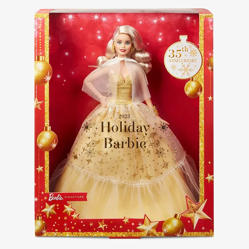 Barbie Signature 2023 Holiday Barbie Doll with Platinum Blond Hair Wearing Champagne-Colored Satiny Dress Gold Stars Toy HJX08