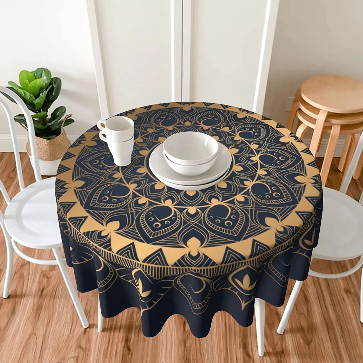 

Gold Color Mandala Boho Round Tablecloth 60 Inch Table Cover Polyester Stain and Wrinkle Resistant Table Cloth for Dining Party