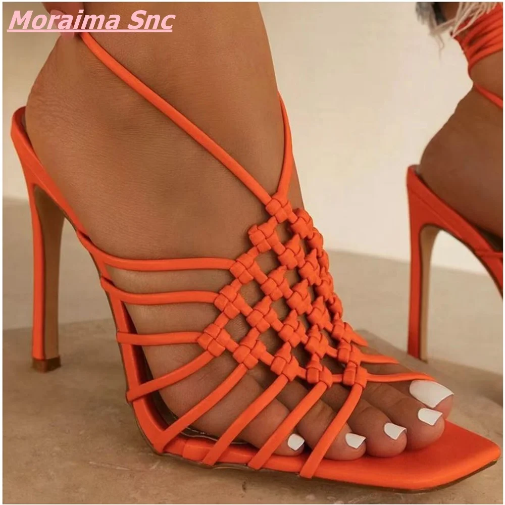 

2022 Trendy Front Weave Fashion Women Shoes Soild Novelty Patent Leather Sandals Comfortable Thin High Heel Square Toe Hottest