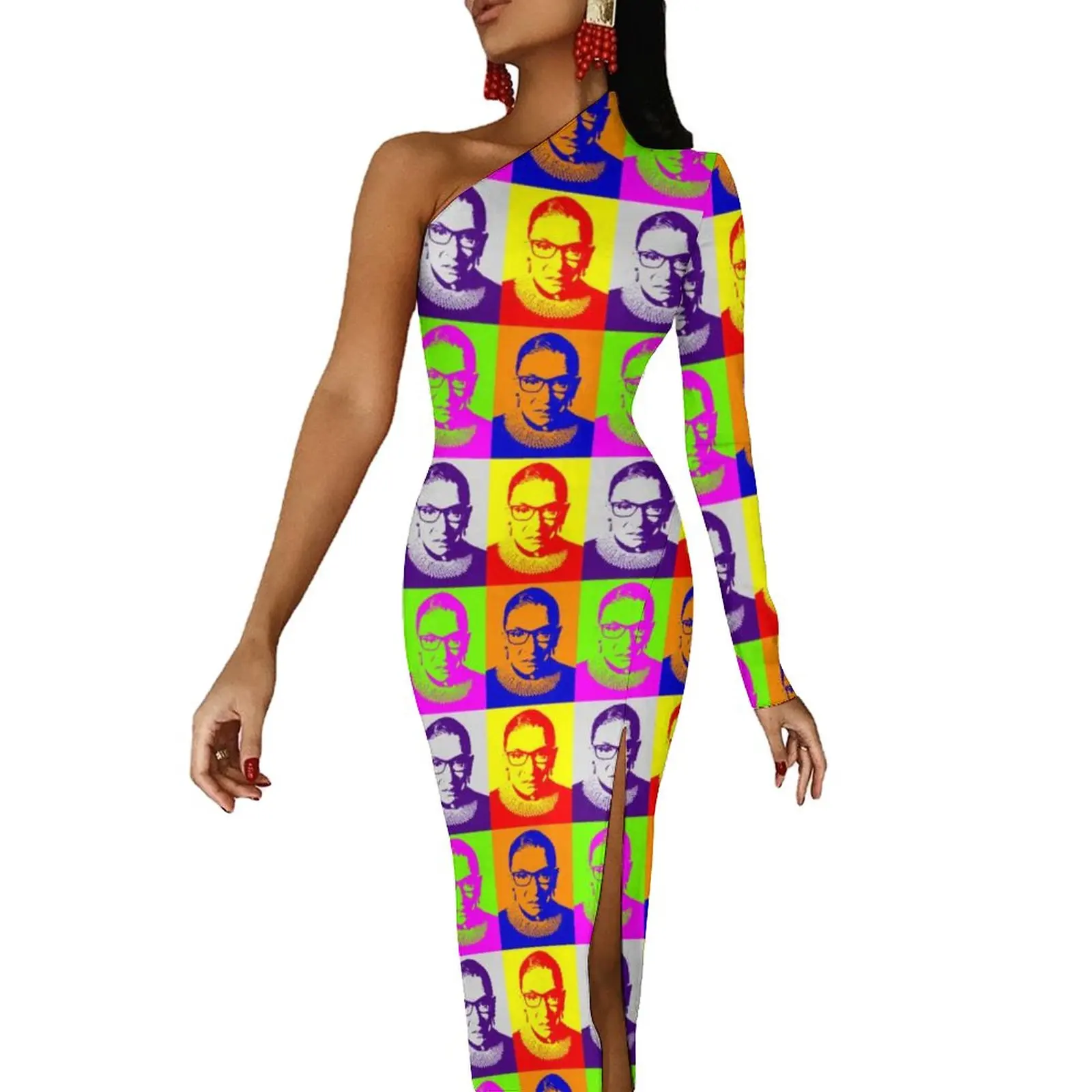 

Womens Rights Bodycon Dress Autumn Pop Art Portrait Sexy High Slit Long Dresses Woman Long Sleeve Pattern Street Wear Dress