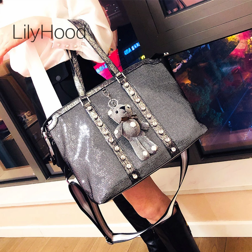 Women Fashion Mesh Shiny Paillette Big Capacity Tote Bag Large Size Iridescent Weekender Overnight Laptop Work Black Pouch Bag