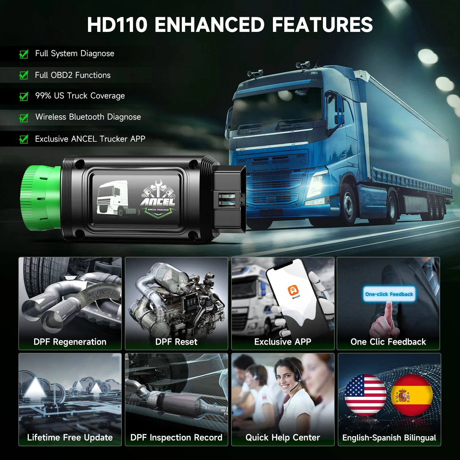 Ancel HD110 Diesel HD OBD сканер грузовиков OBD2 D.PF Regen для двигателя Detroit Paccar