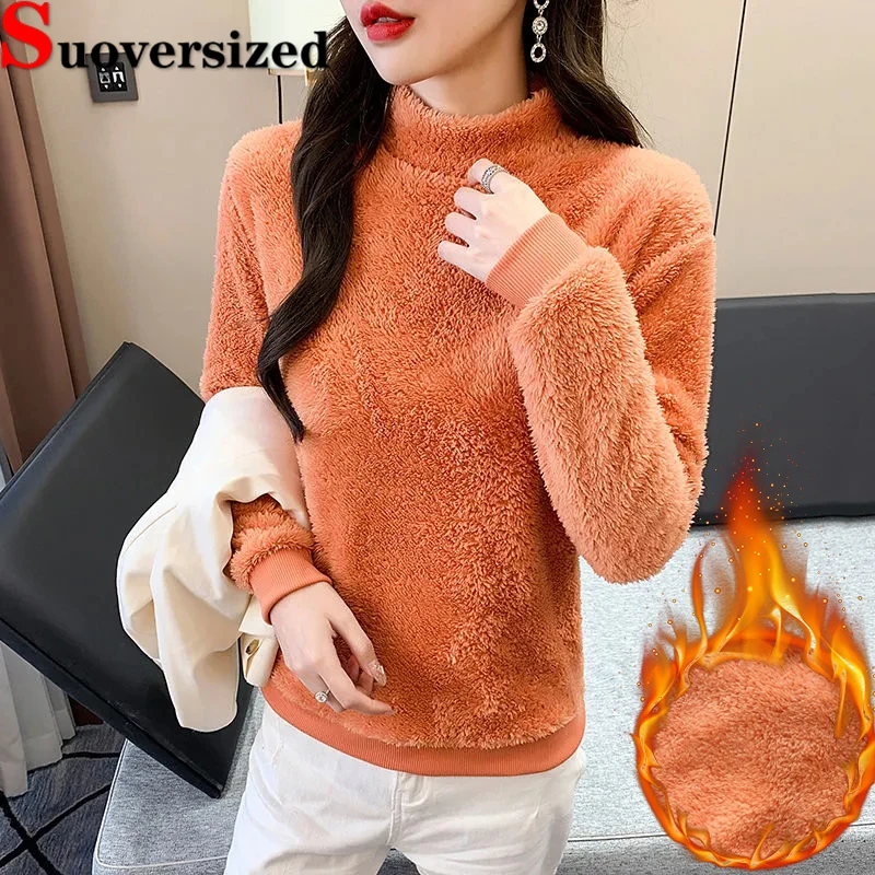 

Mock Neck Coral Velvet T-shirts Winter Warm Candy Color Tops Thick Casual Long Sleeve T Shirt Women's Basic Bottomed Camisetas
