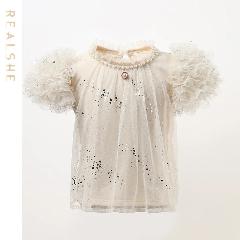 

2023 New Shirts Summer Solid Short Sleeve Tulle Pealrs Sequined Girls T Shirts Kids Tops for Girl Children Clothing