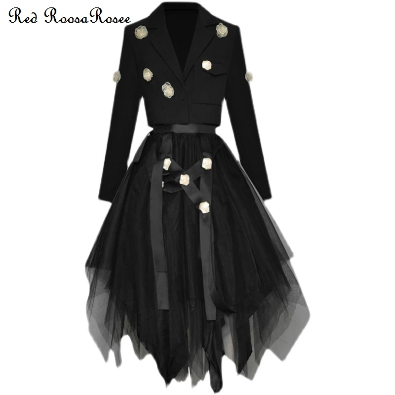 

Red RoosaRosee Floral Applique Long Sleeve Short Blazer + Irregular Skirt Black Twinset Female Designer 2022 Autumn Party Femme
