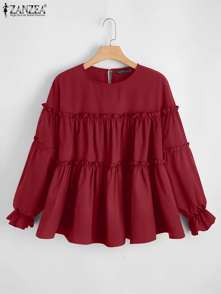 Винтажная однотонная рубашка ZANZEA женские блузки с длинными рукавами и