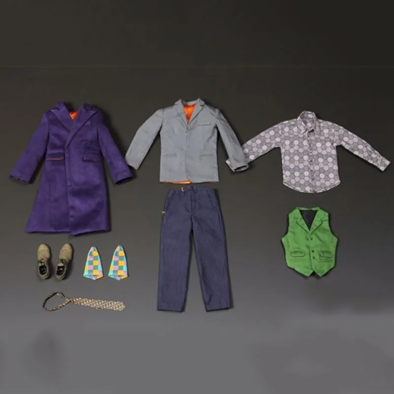 

1/6 Male Clothes Set Joker Purple Suit Coat Windbreaker Trousers Set Gloved Hands Type for 12inch Male Figure Body DX01 DX11
