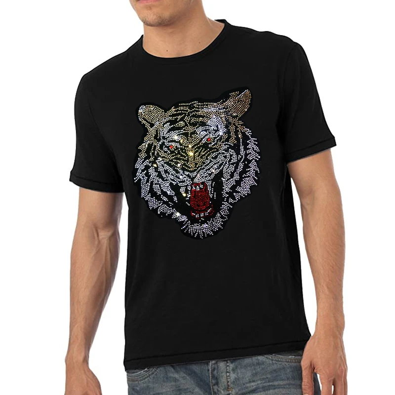 

New Men Oversized Fashion T-Shirts Summer Streetwear Short Sleeve Tiger Hot Drill Men Clothing Tee Tops O-Neck Rhinestone Tshirt