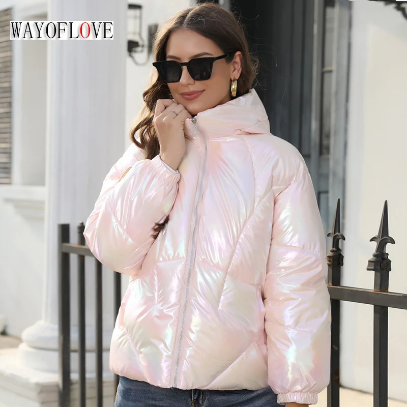 

WAYOFLOVE Women's Winter Jacket 2023 Colorful Glossy Surface Hooded Cotton Coat Thicken Parka Female Loose Warm Jacket For Women