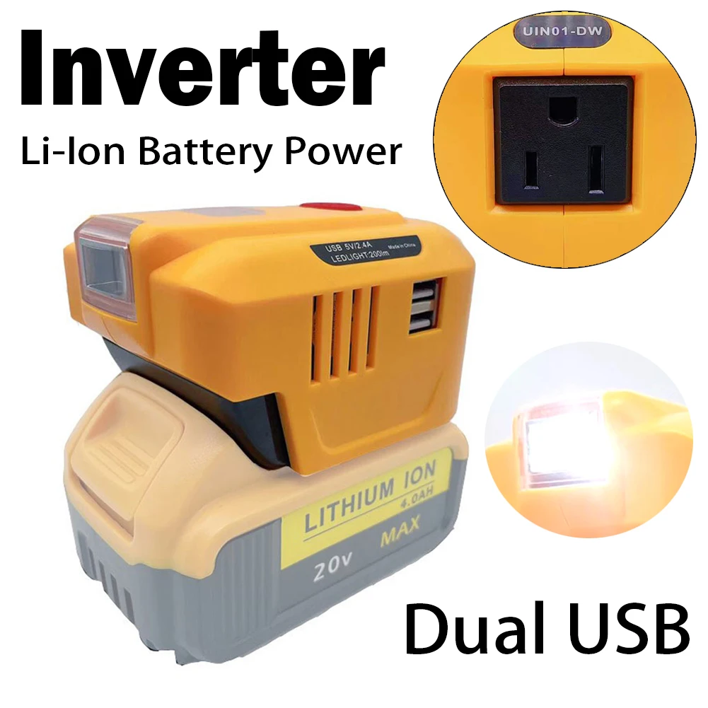 

For Dewalt Lithium Battery Inverter Power Supply Inverter DC 18-20V To AC 110V Dual USB Outdoor Camping For Outdoor Work
