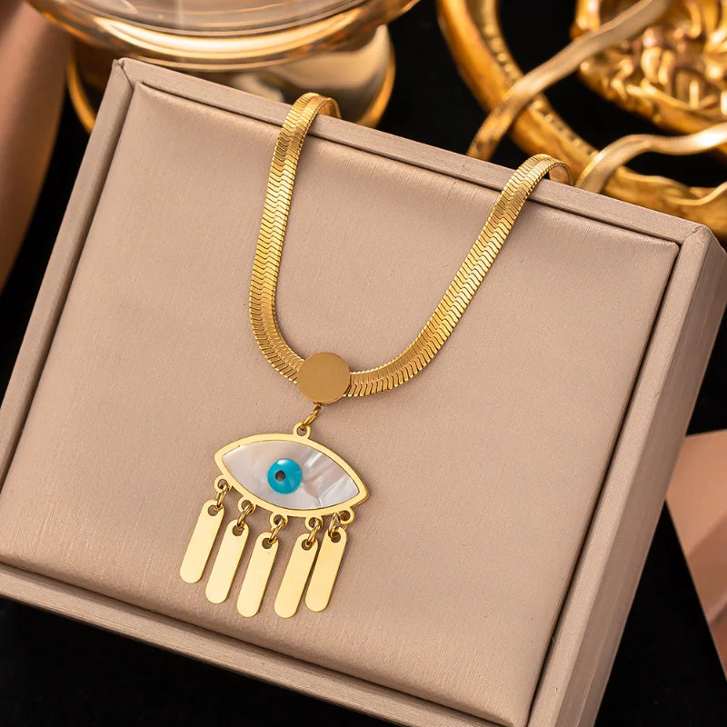 

Euramerican Folded Wind Fritillaria Inlaid Blue Eyes Flat Chain Double Layer Titanium Steel Necklace Female Clavicle Chain Craft