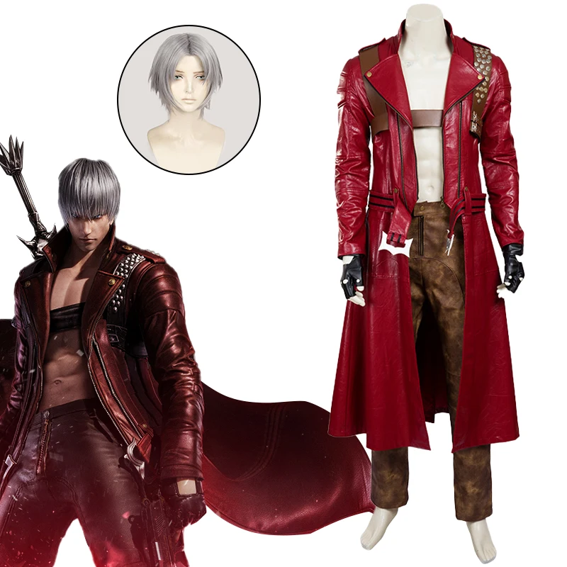 

Devil Cos May Cry 3 Cosplay Costumes Dante Men's Game Uniforms Wig Red Long Poncho Jacket Set Halloween Carnival Costumes