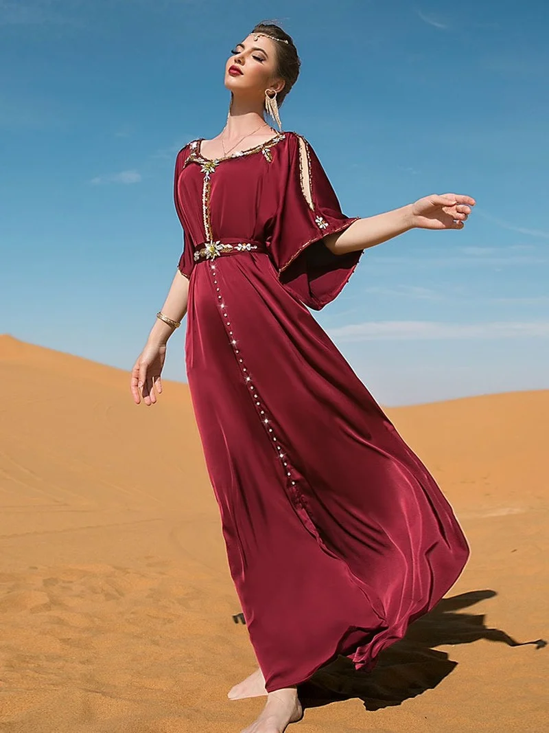 Rhinestone Evening Kaftan Women Off Shoulder Moroccan Party Caftan Satin Dress Hem Slit Muslim Arab Dubai Abaya Banquet Ramadan