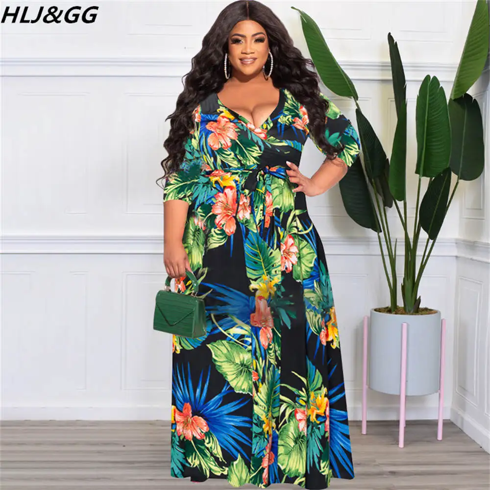 HLJ&GG Women Plus Size Maxi Dresses Sexy Deep V Floral Printed Long Sleeve Belt Dresses Casual A-line Slim Vestidos Clothes 2022