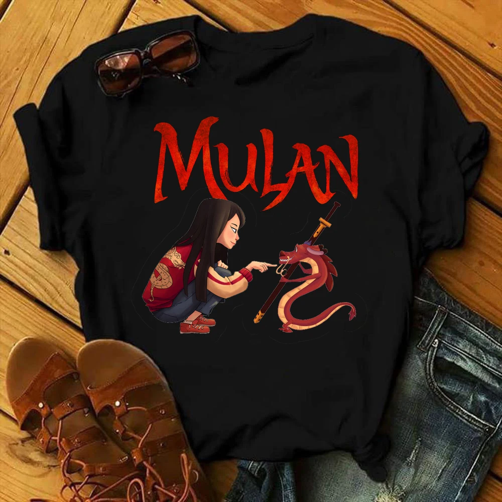 

Girls Cartoon Casual Black Tops Tee Chinese Princess Mulan Graphic Printed Women T-shirt Female Fashion Short Sleeve Tshirts