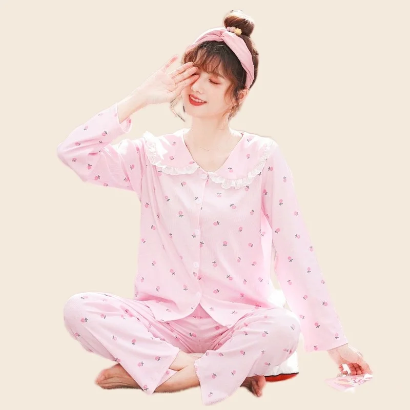 

Sexy Lace Princess Pajamas Set Women Full Sleeve T-shirt Pants Fashion Home Wear Safe Cotton Cute Pink Pyjama Plus Size