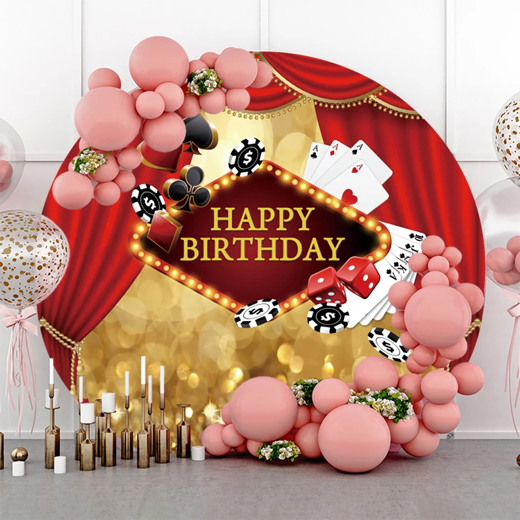 

Casino Party Gold Light Bokeh Round Photography Backdrop Happy Birthday Red Curtain Interior Decor Custom Name Circle Background