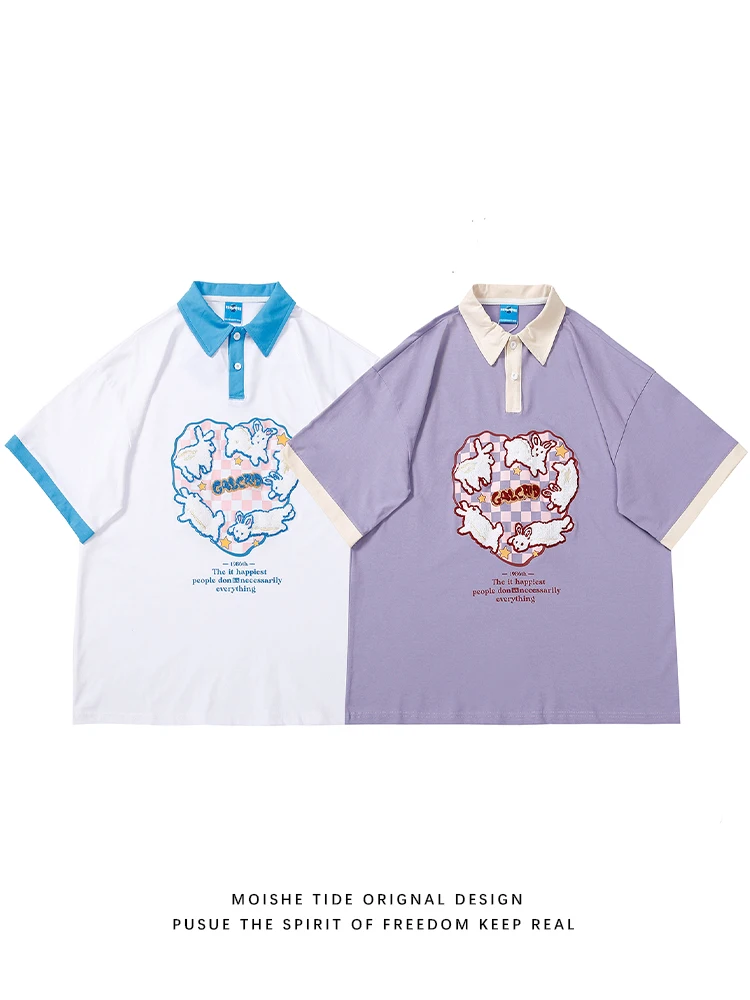 Moishe Tide Chessboard Plaid Rabbit Contrast Color Short sleeve Polo Shirt Men and Women Summer Loose Couple Half Sleeve T-shirt