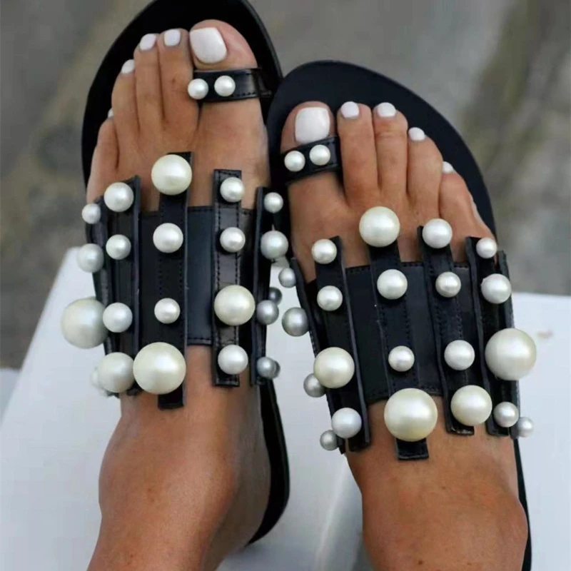 

2022 Summer New Fashion Beach Set-toe Pearl Flat Sandals Women's Slippers Europe Flip Flops Ladies Plus Size 43 Women's Shoes
