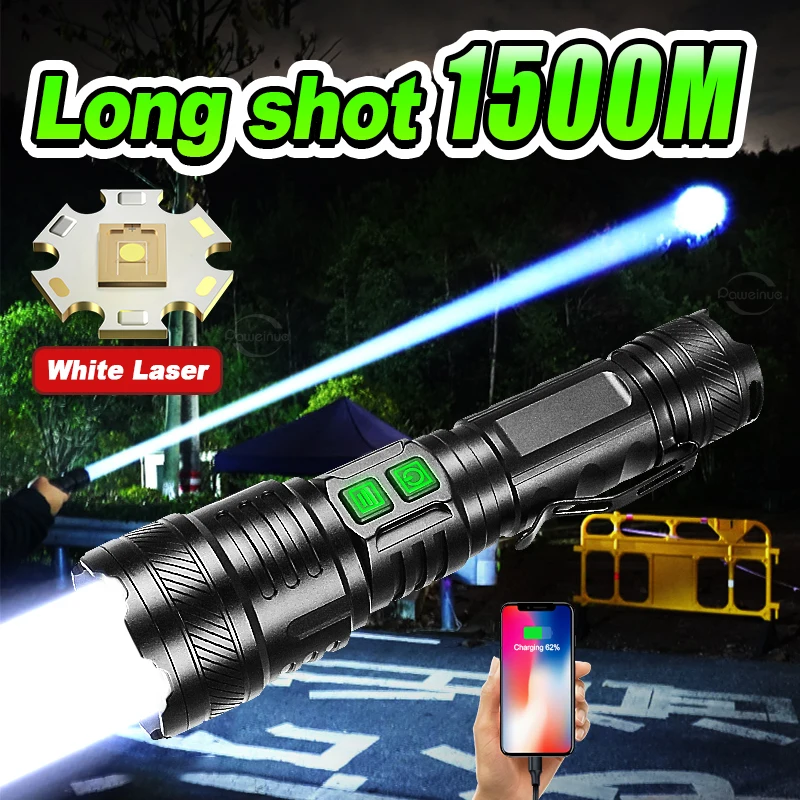 

Белый лазерный фонарик высокой мощности, супер яркий светодиодный прожектор, фонарик дальнего действия, зум, аварийная уличная лампа с индикатором заряда батареи
