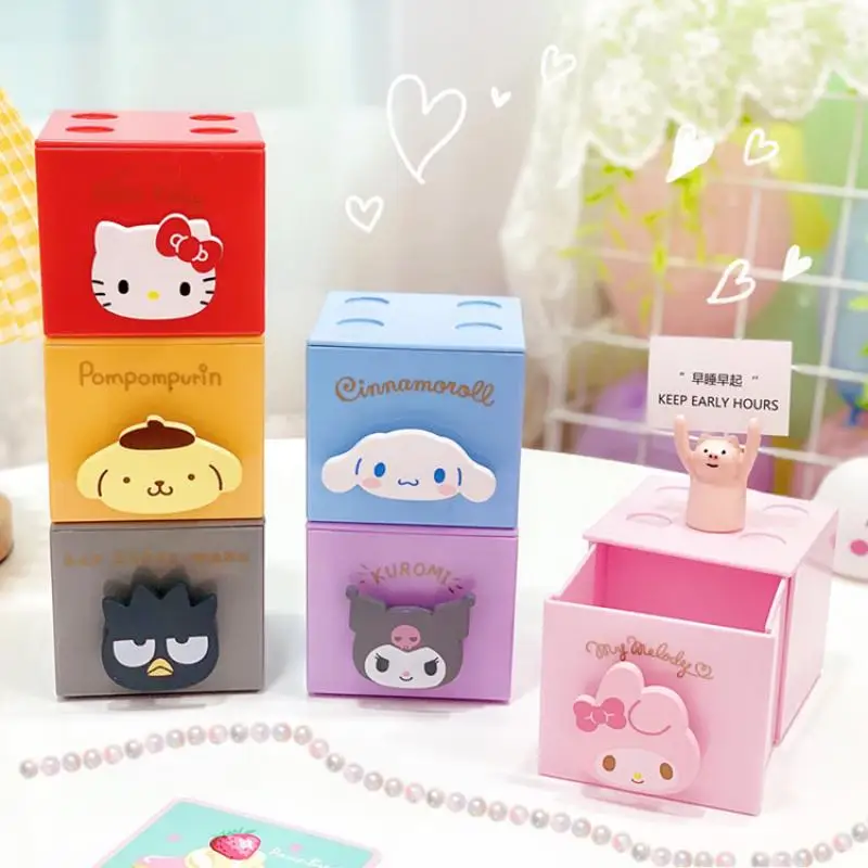 

New Cute Sanrio Storage Box Desktop Small Drawer Hellokitty Kuromi Mymelody Square Puzzle Can Be Stacked Square Clutter Box