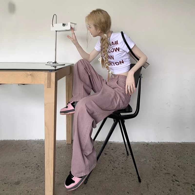 Vintage Jeans Women's 2023 New Purple Autumn Winter High Street Pants High Waist Straight Tube Loose Wide Leg Pants&Long Pants L