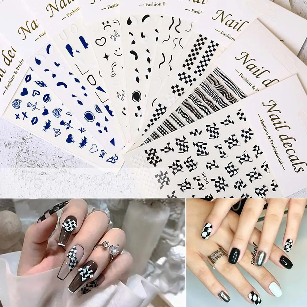 1 лист черно-белых наклеек звезда 3D Слайдеры для ногтевого дизайна самоклеящиеся