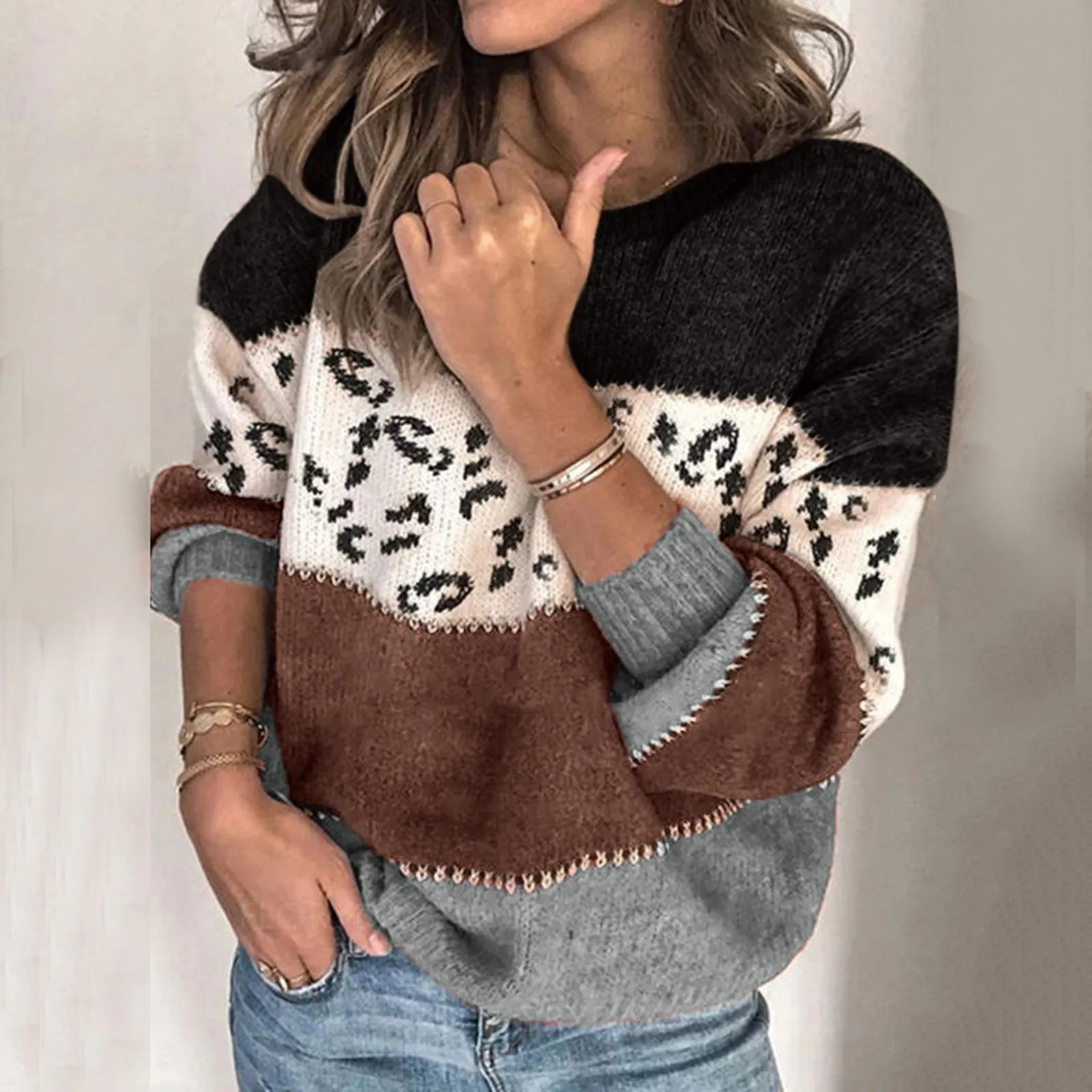 

Women Striped Sweater Color Block O-Neck Pullover Long Sleeve Sweater Knitted Tops Women'S Fall Winter Clothing Casual Tops