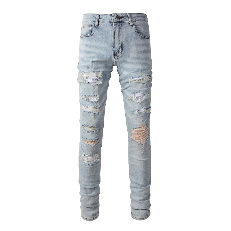 

AM New Arrivals Men's Light Blue Streetwear Fashion Slim Rhinestones Patchwork Skinny Stretch Destroyed Holes Ripped Jeans