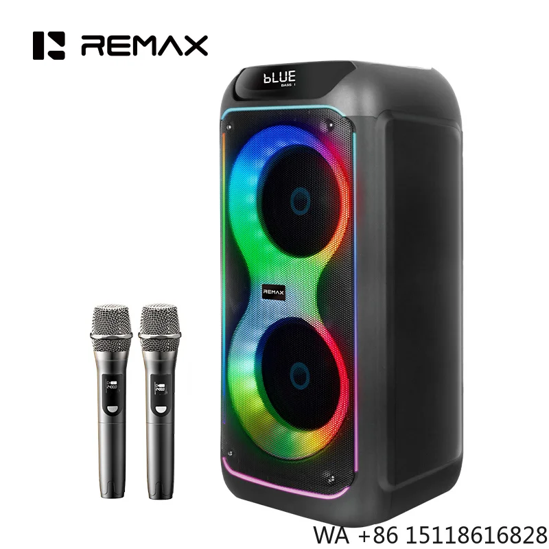 Фото Bluetooth-колонка Remax с 2 беспроводными микрофонами, большая колонка для вечеринок для взрослых и детей, караоке с RGB-подсветкой, поддержка AUX/USB/TF №1